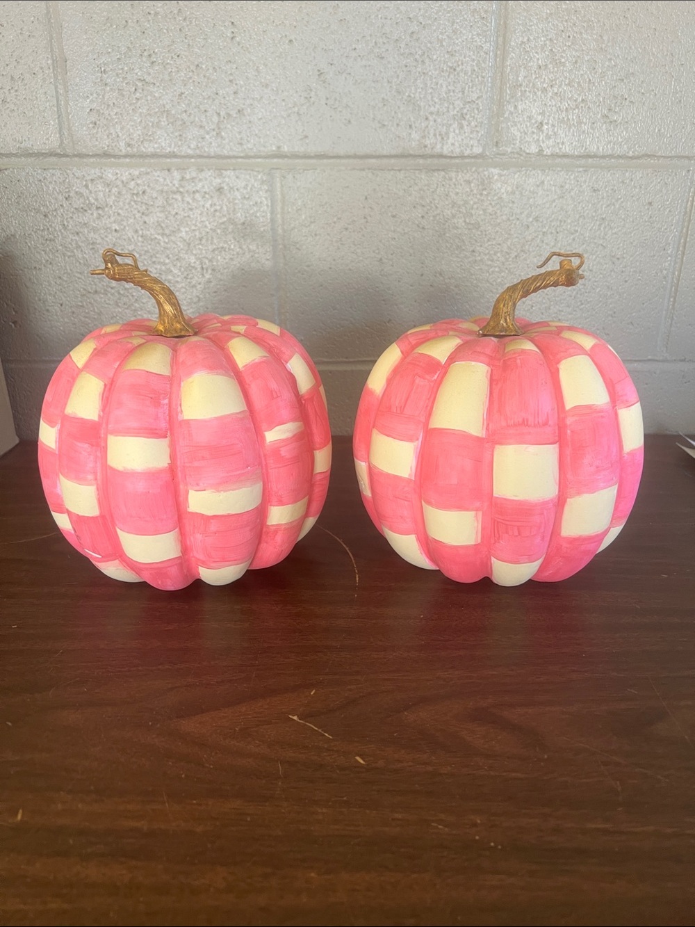 Painted Checkered Pumpkins - Pink & Cream Decorative Pair